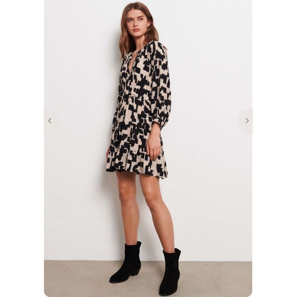 Ba&sh Pulse Dress Noir Ruffled Abstract Floral Print V-Neck Black XS